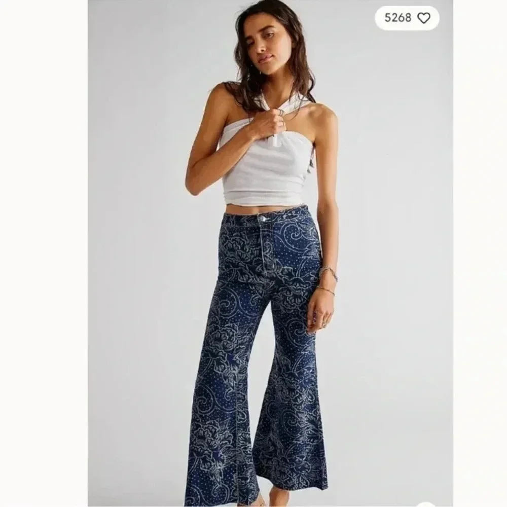 Free People Printed Flare Jeans Blue 28